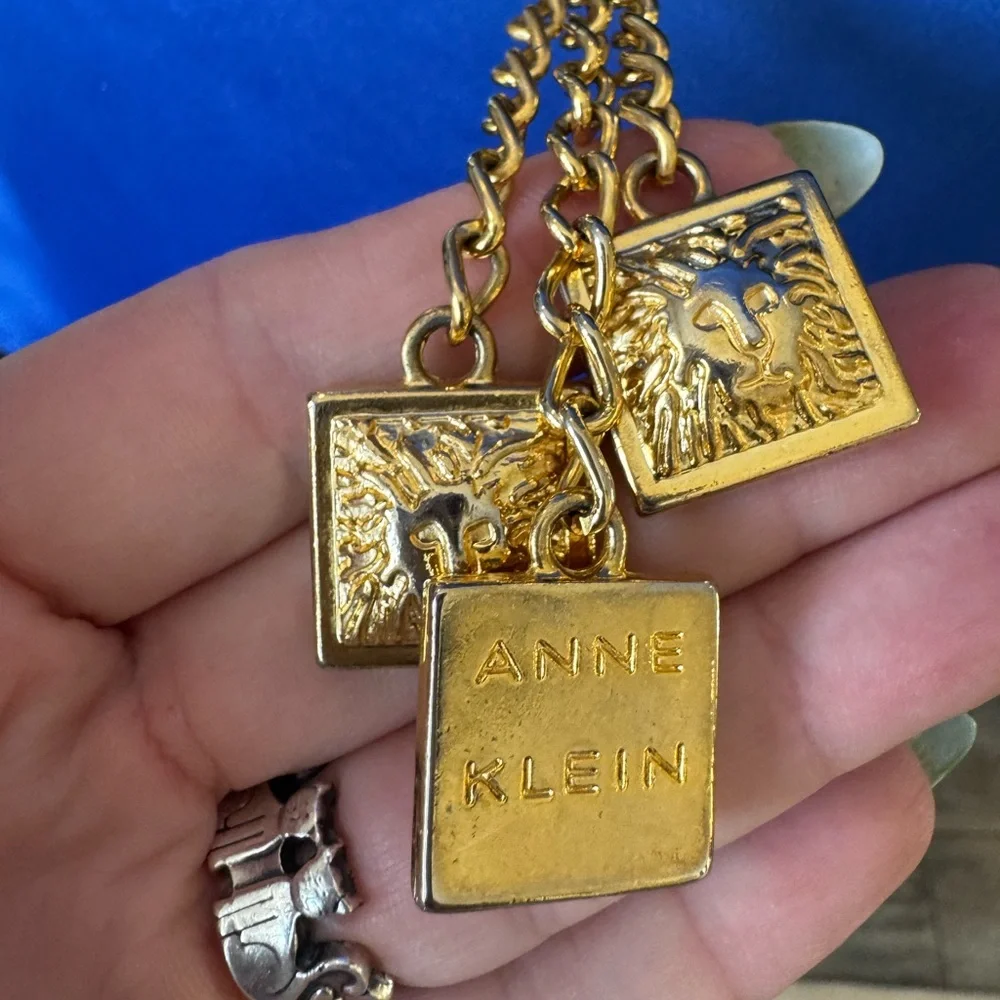 Anne Klein Black Leather Belt with Gold Lion Charms